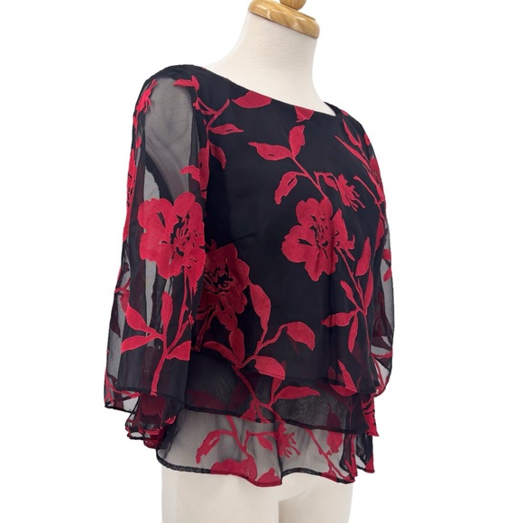 Alex Evenings Black & Red Floral Layered Asymmetrical Hem Blouse, Small - Picture 10 of 17